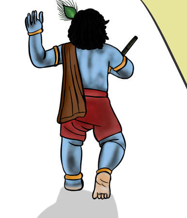 Back view of walking toddler or bala Lord shri Krishna with fluite in hand.の写真素材