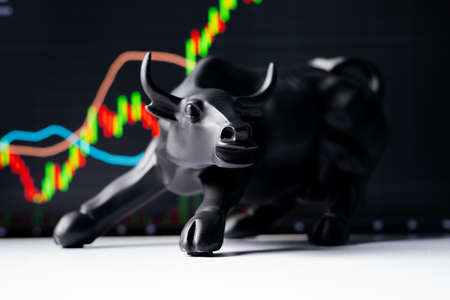 Selective Focus on bull, Concept of Bullish, boom or rising of stock market showing by rising charts and bull entering th frameの写真素材