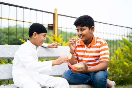 Indian multiethnic kids sharing food while talking at park - concept of religious diversity, childhood friendship and summer holidaysの写真素材