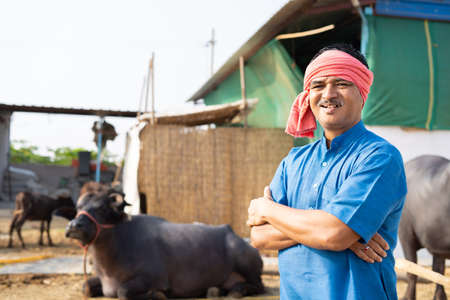 confidently standing happy smiling diary farmer at farm house with crossed arms by looking at camera - concpet of successful dairy farming and small agri-businessの写真素材