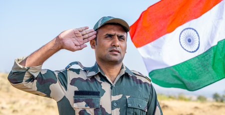 front view low angle shot of Proud Indian army soldier saluting while waving indian flag in background - concept of patriotic, nationalism, independence day celebration and honourの写真素材
