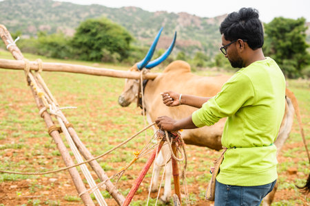 modern Indian young man trying ploughing or traditional farming at agricultural field - concept of agriculture, leisure weekend activities and village lifestyle.の写真素材