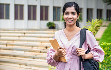 Closeup of shot Happy young girl with backpack holding book by smilling at camera at college campus - concept of education, internship and skills developmentの写真素材