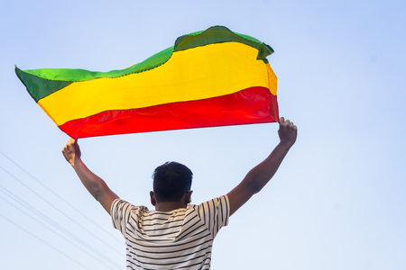 Back view shot of man holding waving black history month flag - concept of celebration, freedom and prideの写真素材