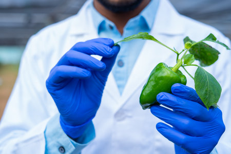Close up shot of agro scientist hand checking lab grown hybrid capsicum at greenhouse - concept of biotechnology, discovery and innovationの写真素材