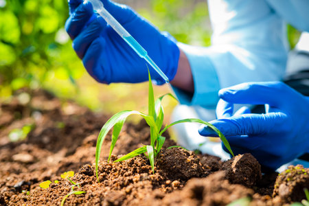close up shot of agro scientist hands at laboratory adding chemical to small lab grown plant -...