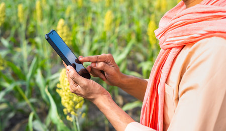close up shot of farmer hands using mobile phone at corn field - concept of technology, connection...