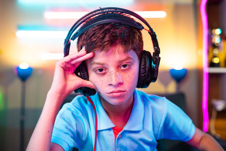 worried kid due to loss in platying video game on computer looking camera at home - concept of...