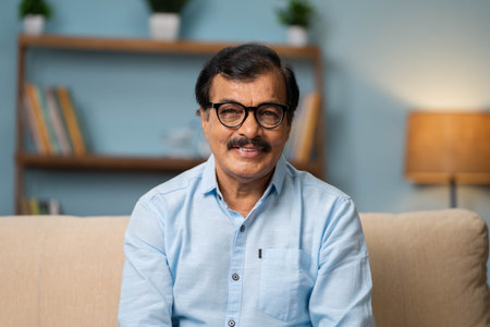 Happy indian senior man with eyeglasses by looking at camera while sitting on sofa at home - concept...