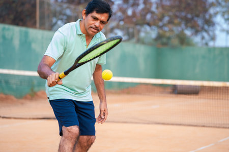 Healthy active indian senior man practising tennis by tapping ball on groud at court - concept of...