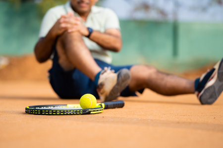 Close up shot focus on ball, senior middle aged tennis player got due to loss of tennis match or game during competition - concept of emergency, painful and inflammationの写真素材