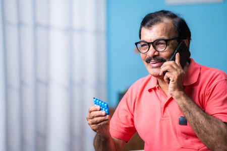 Indian senior man talking on mobile phone by holding tablets in hand at home - concept of...
