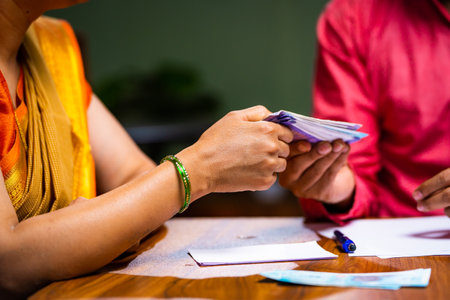 Close up shot of husband giving monthly expenses money to wife at home - concept of monthly budget, saving money and bonding.の写真素材