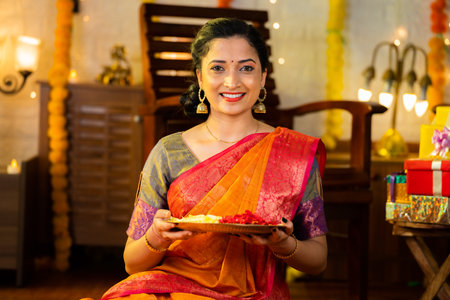 Indian happy smiling girl holding flower plate for diwali celebration by looking at camera at home concept of - indian traditional, ceremony and festival preparation.の写真素材