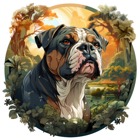 An English bulldog t-shirt design depicting the dog as a guardian of nature, with a lush forest backdrop and the pup adorned with nature-inspired accessories, Generative Aiの素材