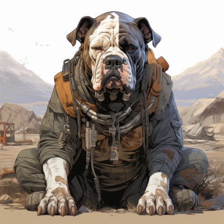 An English bulldog t-shirt design set in a post-apocalyptic world, with the dog as a survivor, Generative Aiの素材