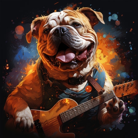 An English bulldog t-shirt design set in a futuristic cyberpunk metropolis, with the dog as a streetwise graffiti artist, Generative Aiの素材