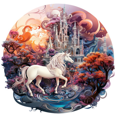 An enchanting Christmas tree t-shirt design presenting a whimsical scene of a fairytale forest, where magical creatures like unicorns, Generative Aiの素材