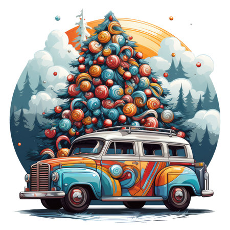 Enter a whimsical world of candy and sweets with this sugary Christmas car tree t-shirt design. A candy car, Generative Aiの素材