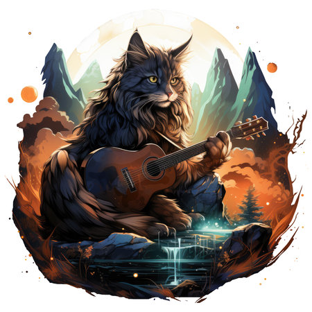 A mystical Halloween-themed Maine Coon Guitar t-shirt design, set in an ancient stone circle under a mesmerizing aurora, Generative Aiの素材