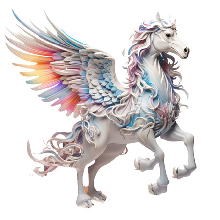 A majestic Horse Pegasus depicted on a t-shirt, soaring gracefully through a cloud-filled sky, Generative Aiの素材