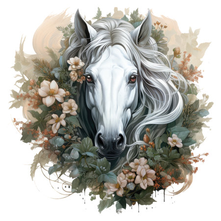 An elegant Horse Pegasus t-shirt design, set in a dreamy moonlit garden, with delicate flowers and gentle moonbeams, Generative Aiの素材