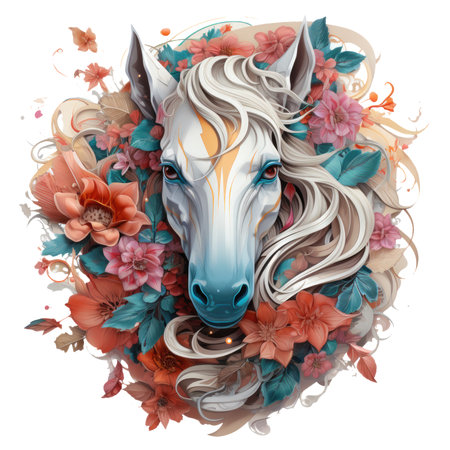 A serene Horse Pegasus t-shirt design, set in a celestial garden, with the Pegasus peacefully resting among blooming celestial flowers, Generative Aiの素材