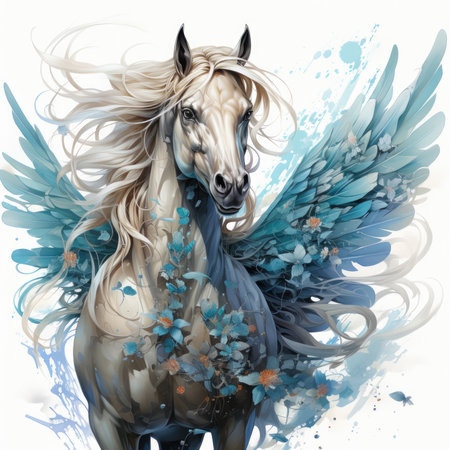 An ethereal Horse Pegasus t-shirt design, with translucent wings and a flowing mane, Generative Aiの素材