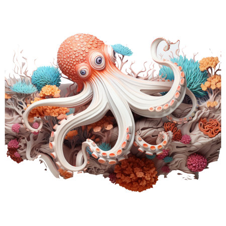 A mesmerizing Octopus graphic t-shirt design with an octopus gracefully swimming through an underwater world of coral reefs, Generative Aiの素材