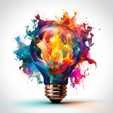 Waterco lorcreative light bulb explodes with colorful paint and colors illustration, Generative Aiの素材