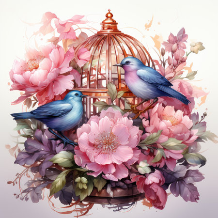 Waterco Bird Cage flower perot illustration, Generative Aiの素材