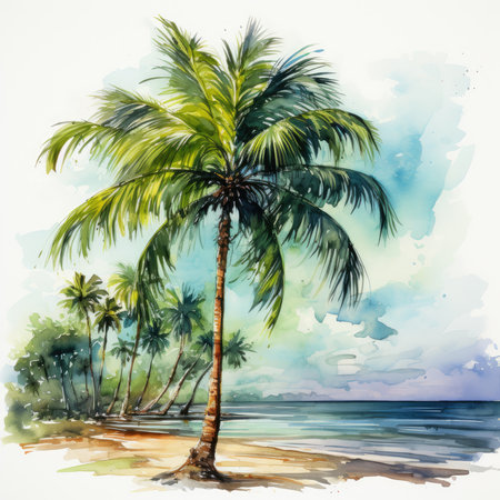 Waterco Silhouette of palm tree on beach illustration, Generative Aiの素材