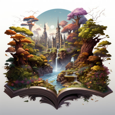 Waterco Open book with a fantasy world popping illustration, Generative Aiの素材