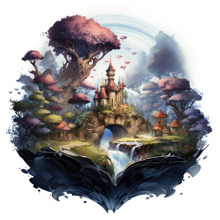 Waterco Open book with a fantasy world popping illustration, Generative Aiの素材