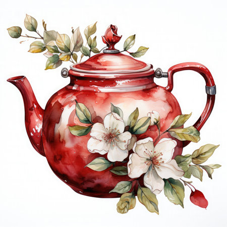 Teapot with flower bouquet and teacup Watercolor Sublimation illustration, Generative Aiの素材