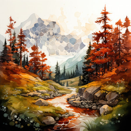 Watercolor a honeycomb depicting a simple comic style mountain and a pine Clipart, Generative Aiの素材