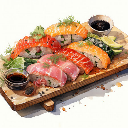 Watercolor Fresh seafood collection sushi plate with variety Clipart, Generative Aiの素材