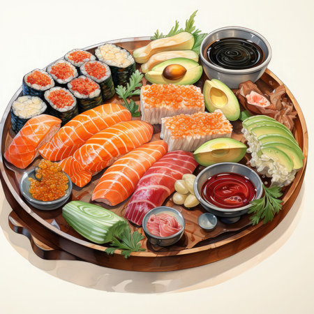 Watercolor Fresh seafood collection sushi plate with variety Clipart, Generative Aiの素材