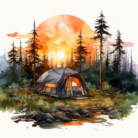 Watercolor ripped tent spruces sunset axe laying on ground Clipart, Generative Aiの素材