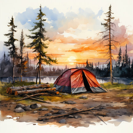Watercolor ripped tent spruces sunset axe laying on ground Clipart, Generative Aiの素材