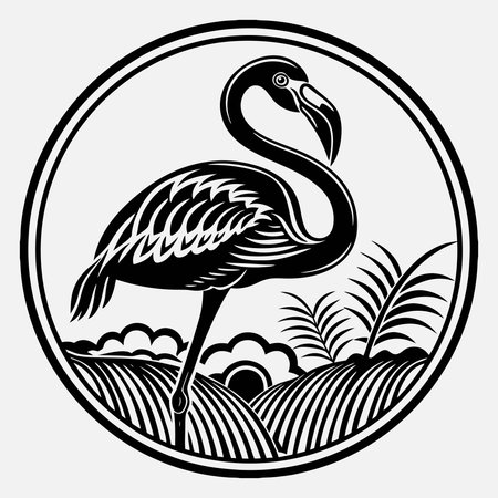 Flamingo in a circle. Black and white image. Vector illustration.のイラスト素材