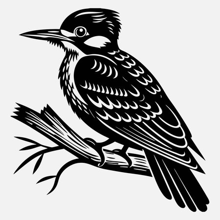 Woodpecker on a branch. Black and white vector illustration.のイラスト素材