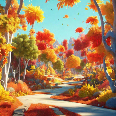 Autumn landscape with colorful trees and road. Digital painting on canvas.の素材