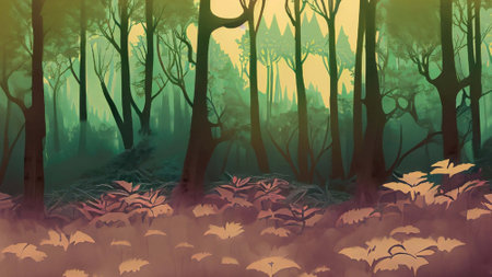 Fantasy forest with fog in the morning. 3D illustration.の素材