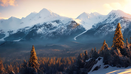 Winter mountain landscape with snow covered fir trees and blue sky at sunsetの素材