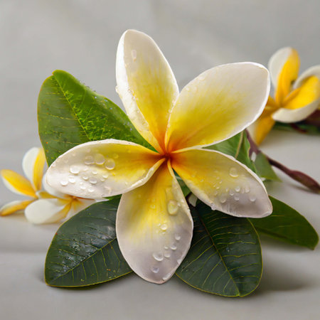 Frangipani flowers with water droplets on white background.の写真素材