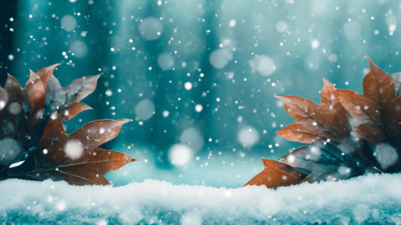Autumn background with falling snow and bokeh lights, selective focusの素材