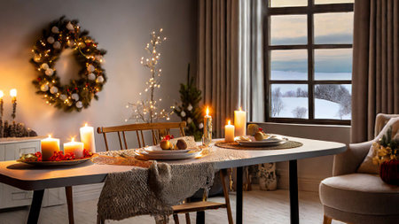 Christmas table setting with candles and wreath in living room, interior designの素材