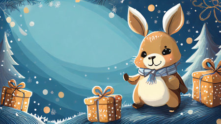 Christmas background with cute rabbit and gift boxes - illustration for children.の素材
