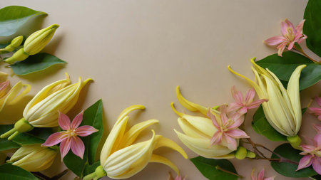 Flowers and leaves on a beige background. Place for text.の写真素材